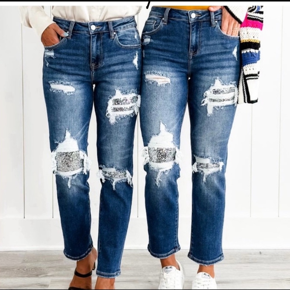 Risen Sequin patch jeans